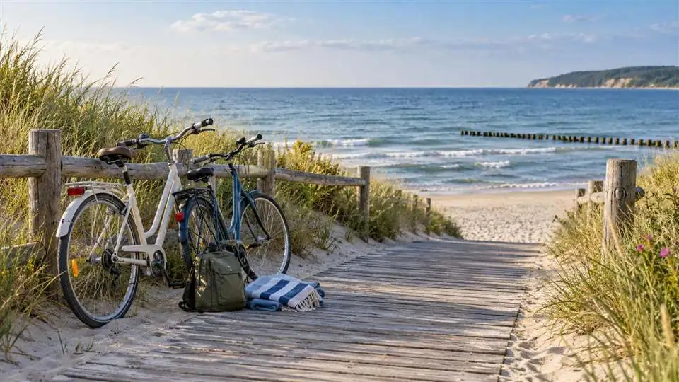 Ilustracyjne rowery przy wejściu na plażę