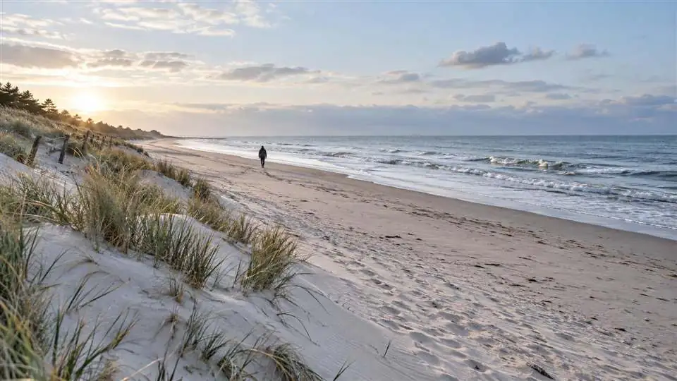 Spokojny poranny spacer po bałtyckiej plaży