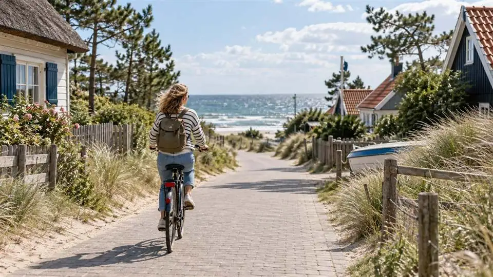 Rowerzystka na spokojnej nadmorskiej drodze prowadzącej do plaży