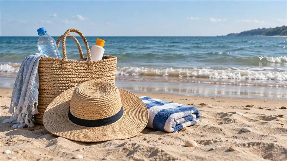 Ilustracyjny ekwipunek na plażę z wodą i ochroną przed słońcem